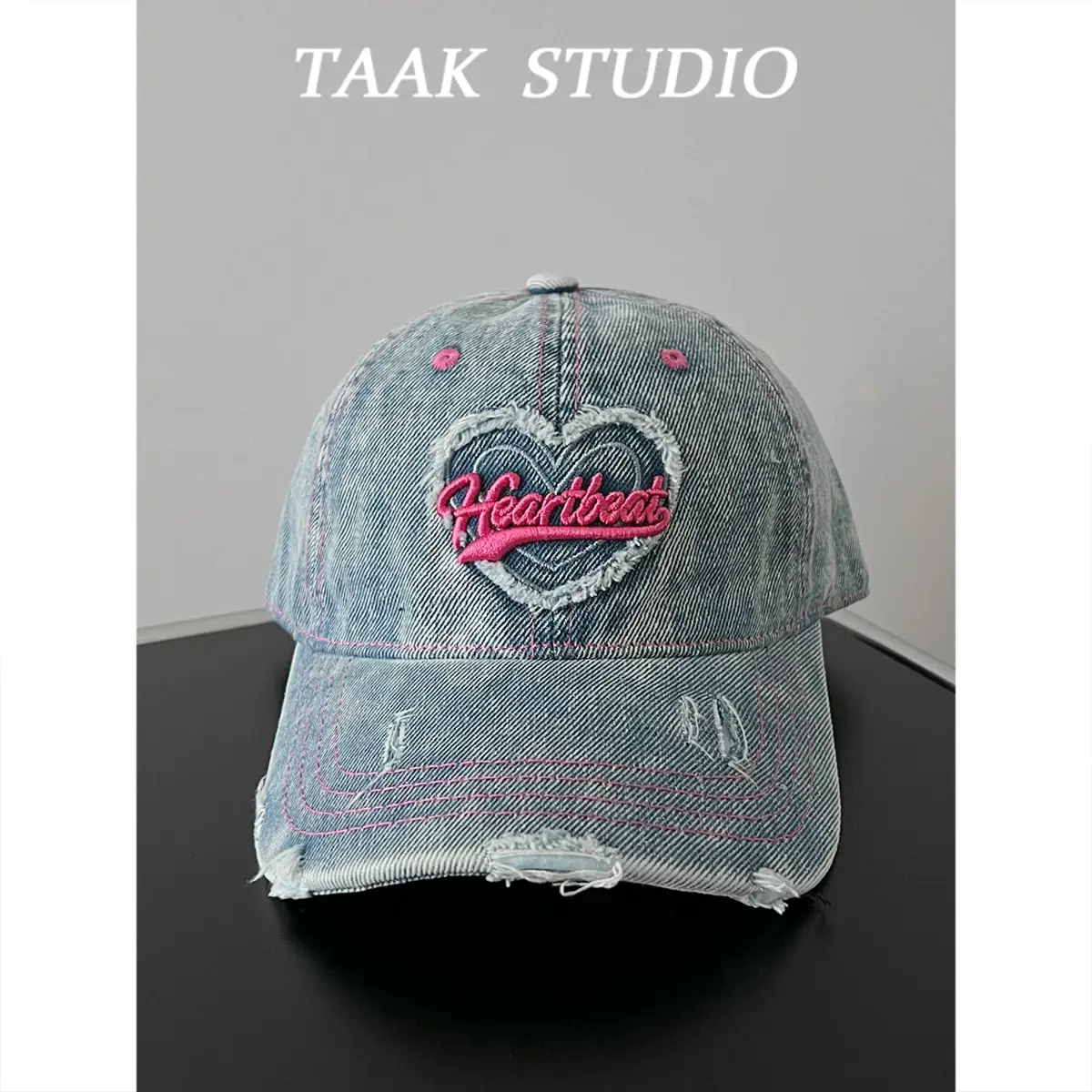 South Korea Washed Denim Heart Embroidered Cap — feature 6