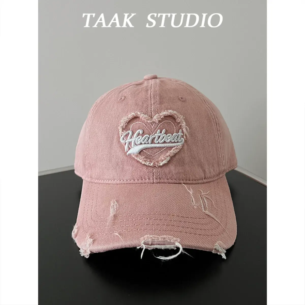 South Korea Washed Denim Heart Embroidered Cap — feature 7
