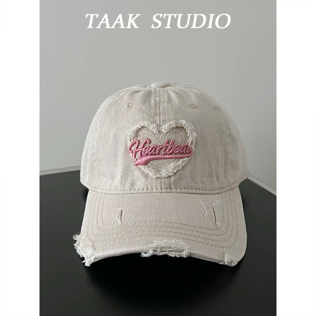 South Korea Washed Denim Heart Embroidered Cap — feature 8