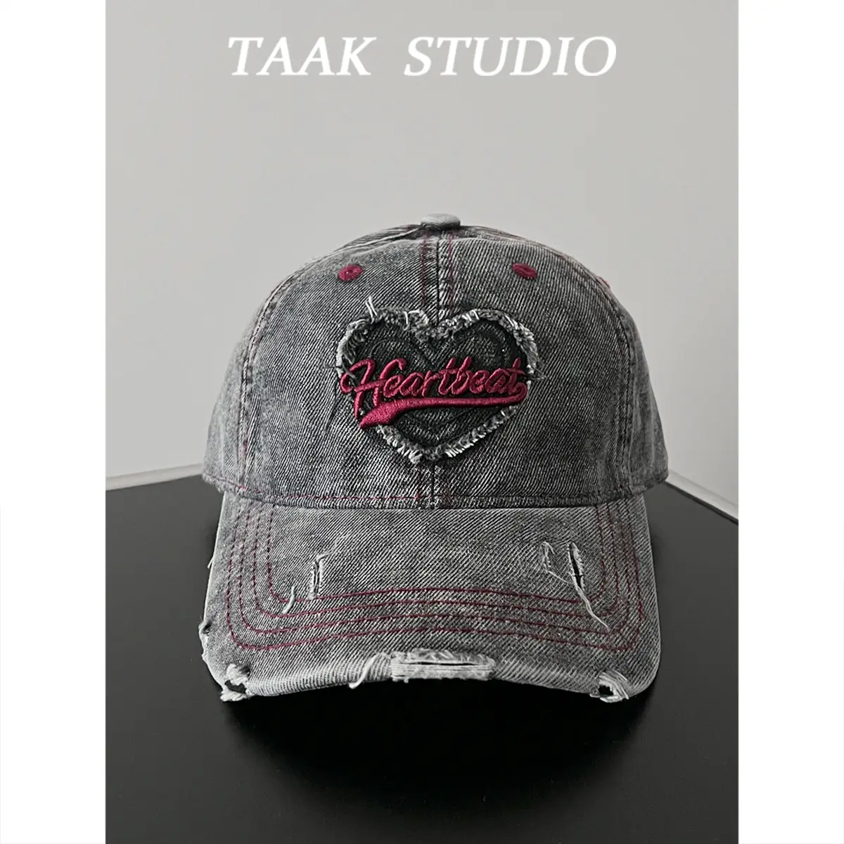 South Korea Washed Denim Heart Embroidered Cap