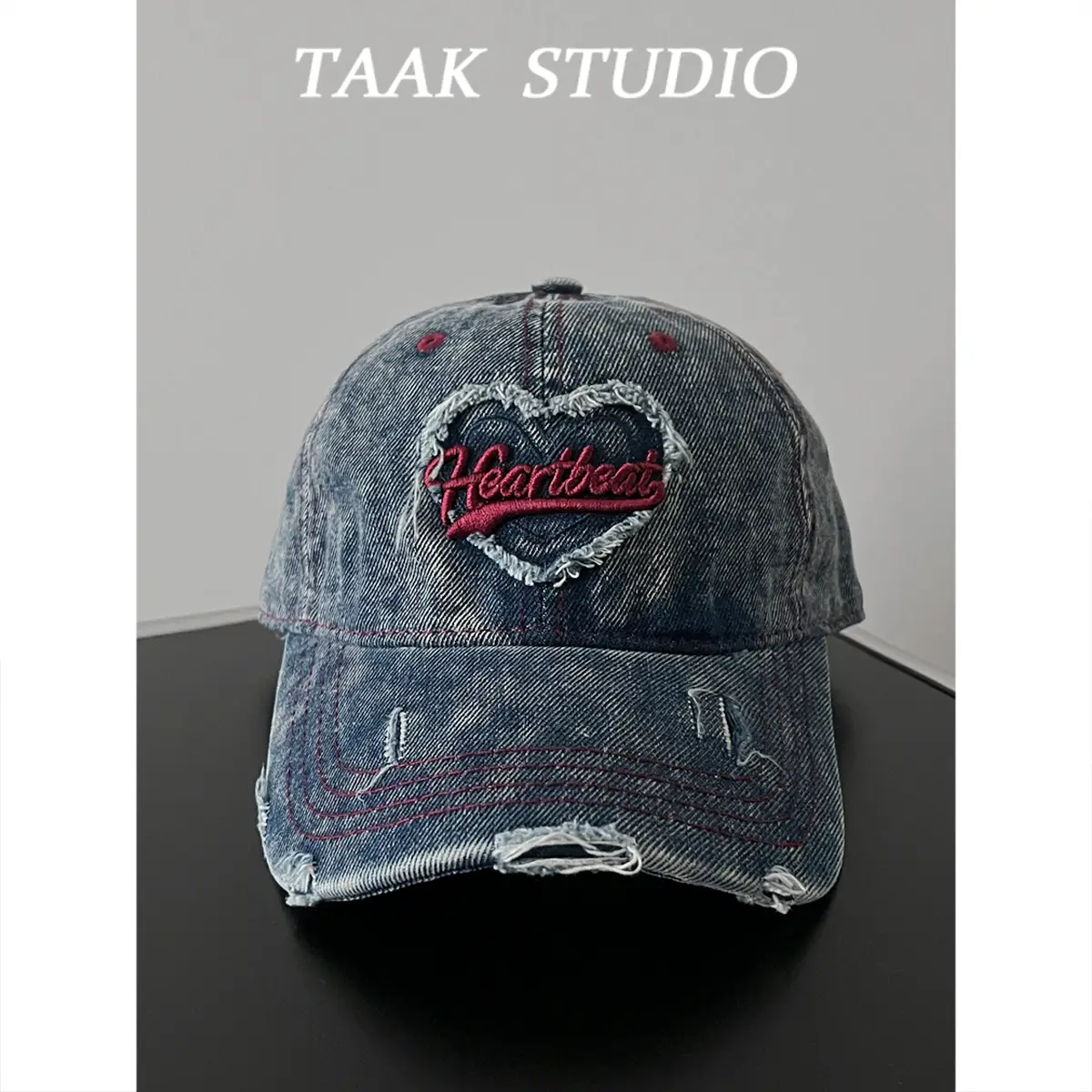 South Korea Washed Denim Heart Embroidered Cap - Image 3