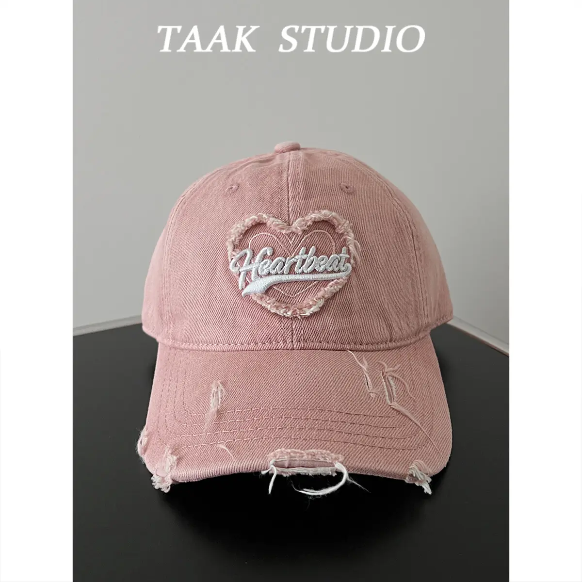 South Korea Washed Denim Heart Embroidered Cap - Image 4