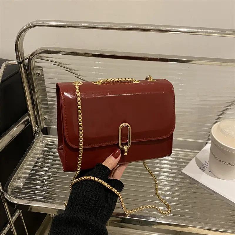 French Style Women's Glossy Crossbody Bag Maroon 2025 - Image 6