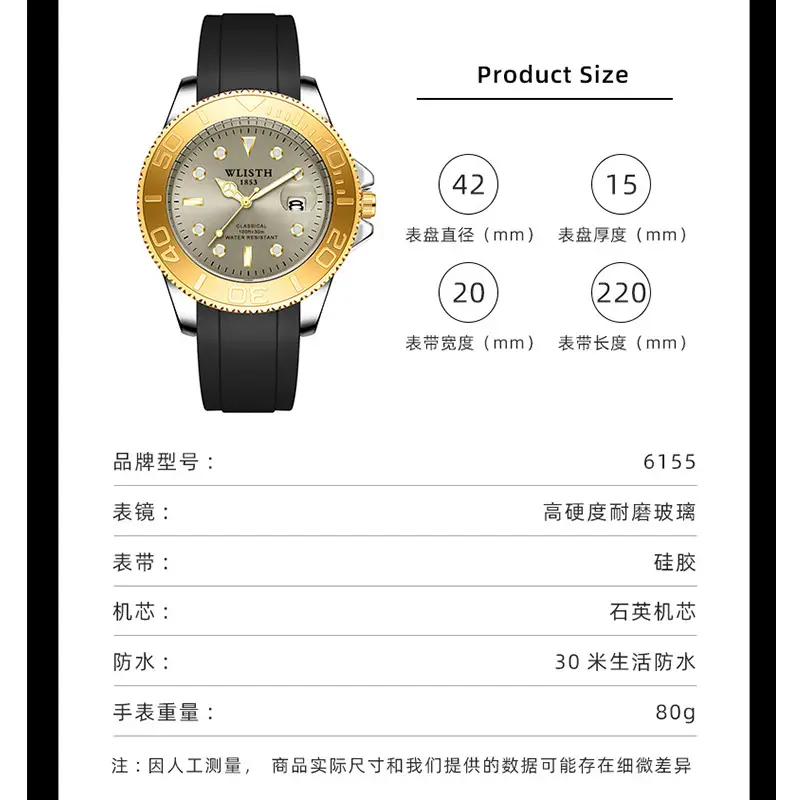 Men's Quartz Watch Black Silicone Waterproof 1881