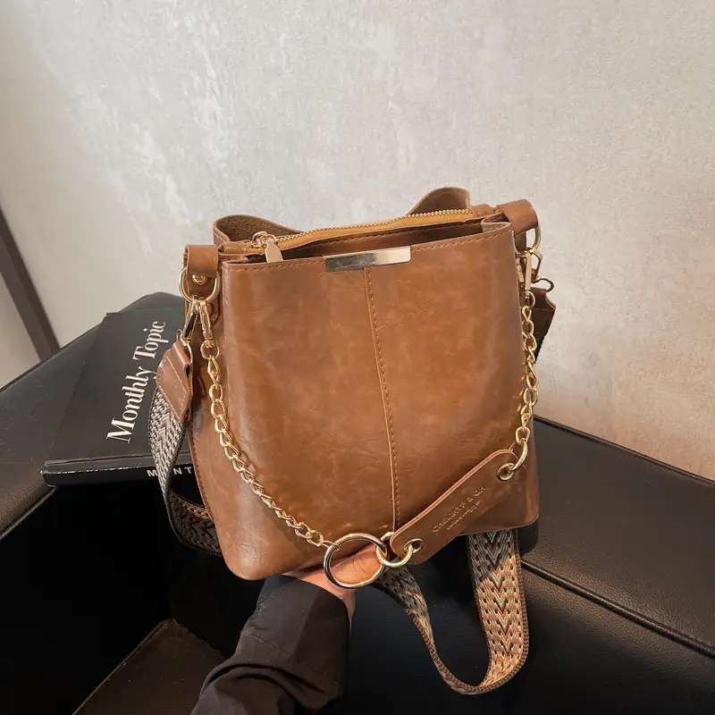 Brown Leather Shoulder Bag with Gold Chain & Ring Design - Image 3