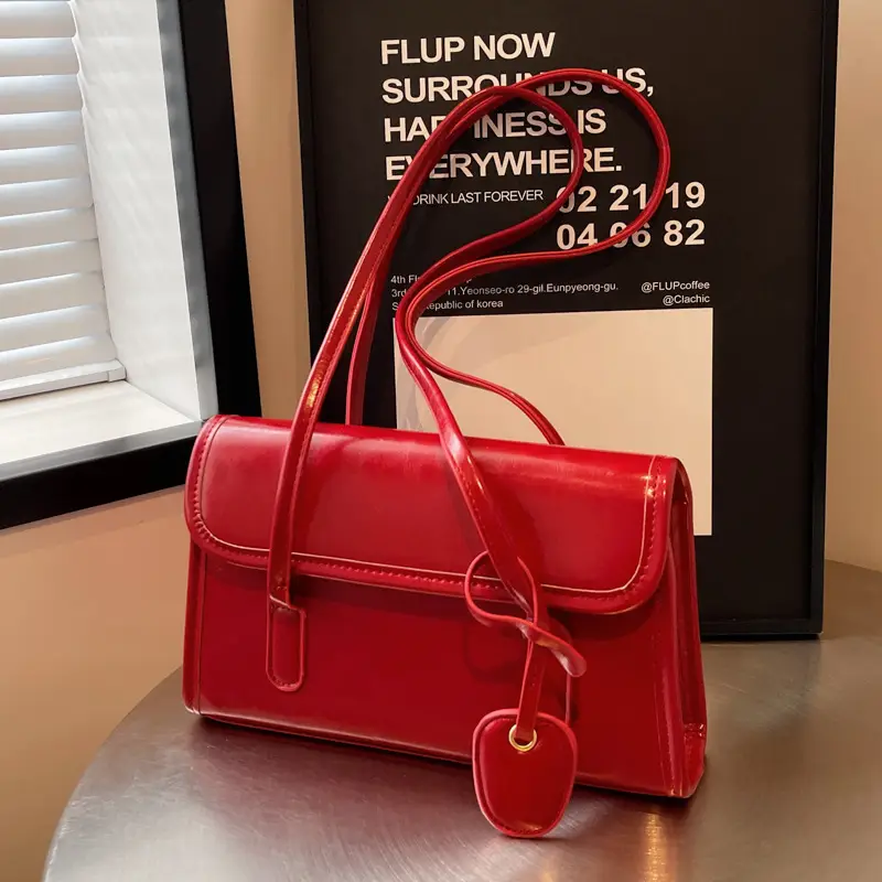 Red Women's Retro Style Shoulder Bag with Long Handle - Image 5