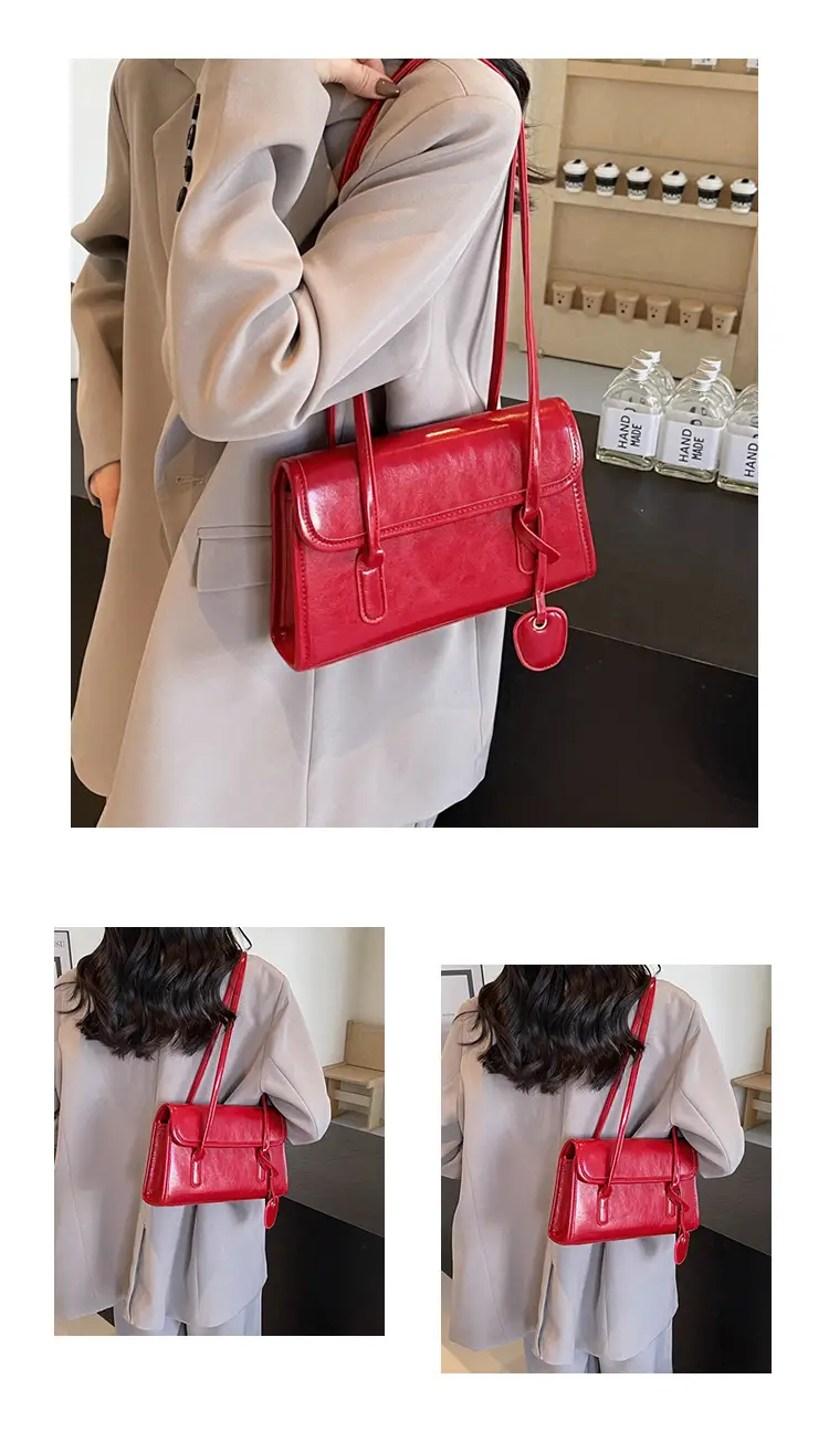 Red Women's Retro Style Shoulder Bag with Long Handle — feature 11