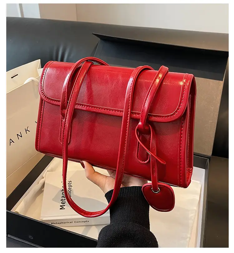 Red Women's Retro Style Shoulder Bag with Long Handle — feature 2