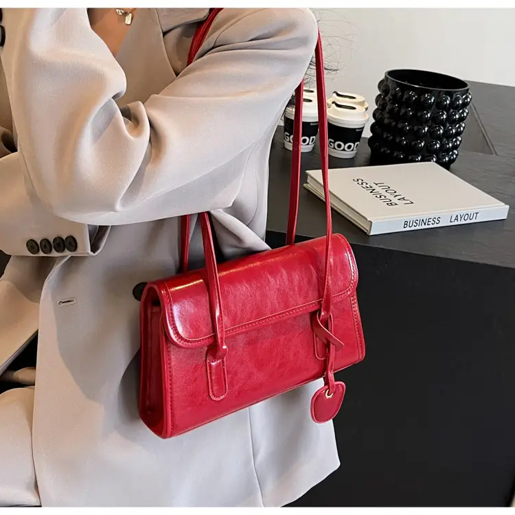 Red Women's Retro Style Shoulder Bag with Long Handle — feature 32