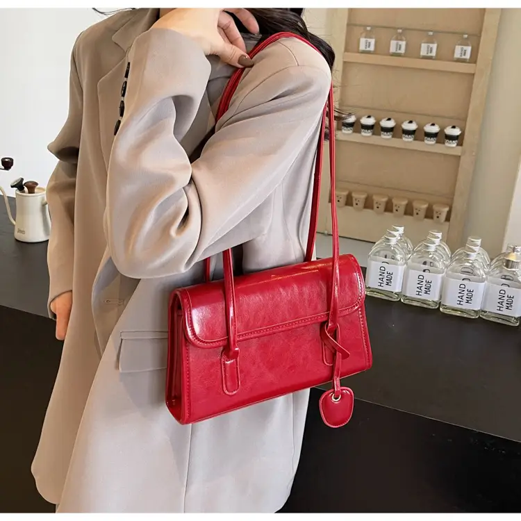 Red Women's Retro Style Shoulder Bag with Long Handle — feature 33