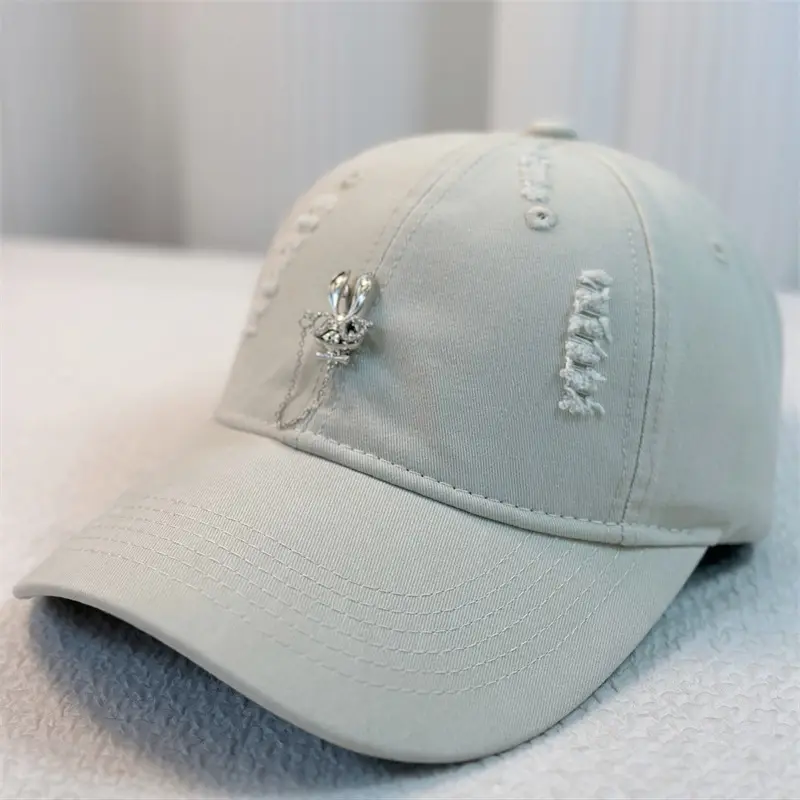 Korean Baseball Cap with Rhinestone Rabbit Design - Image 2