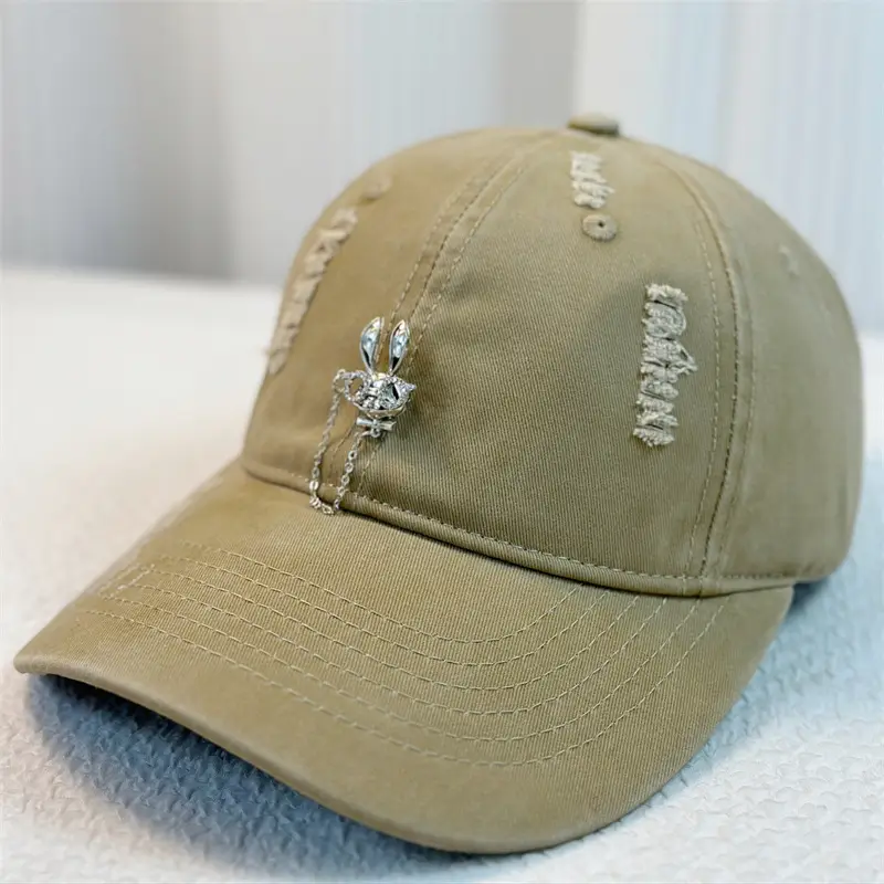 Korean Baseball Cap with Rhinestone Rabbit Design - Image 3