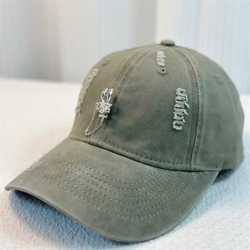 Korean Baseball Cap with Rhinestone Rabbit Design - Image 4