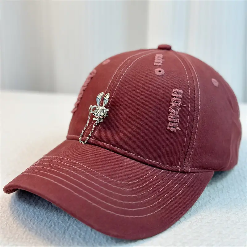 Korean Baseball Cap with Rhinestone Rabbit Design - Image 7