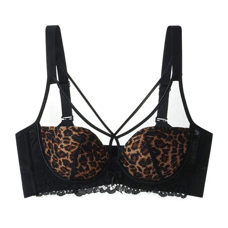 Black Leopard Print Mesh Bra with Adjustable Straps - Image 3