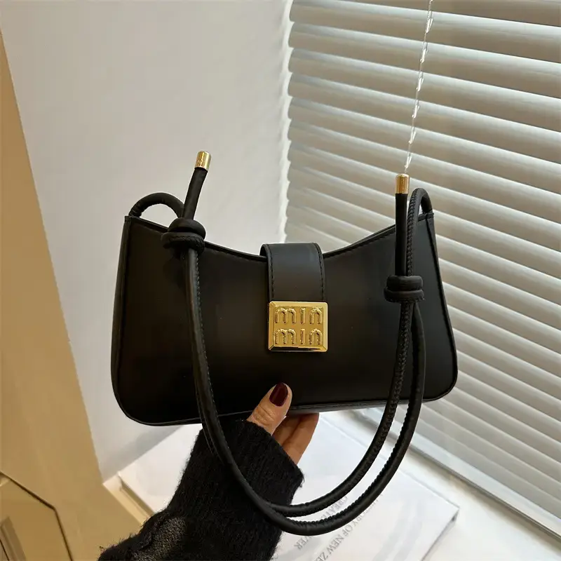 Black French Leather Shoulder Bag with Gold Plated Logo - Image 6