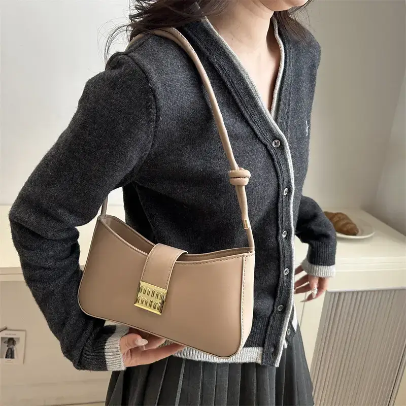 Black French Leather Shoulder Bag with Gold Plated Logo - Image 9