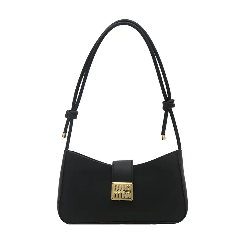Black French Leather Shoulder Bag with Gold Plated Logo - Image 10