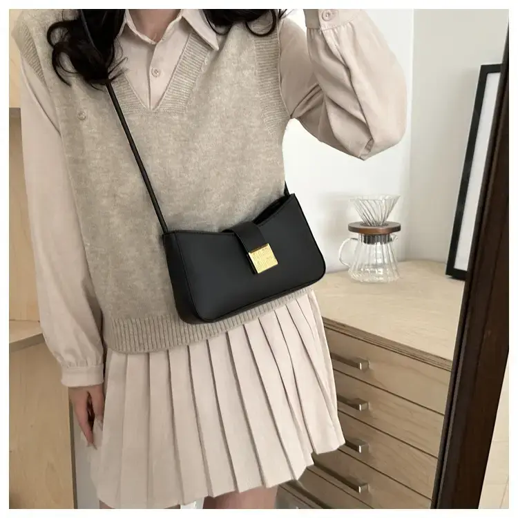 Black French Leather Shoulder Bag with Gold Plated Logo — feature 15