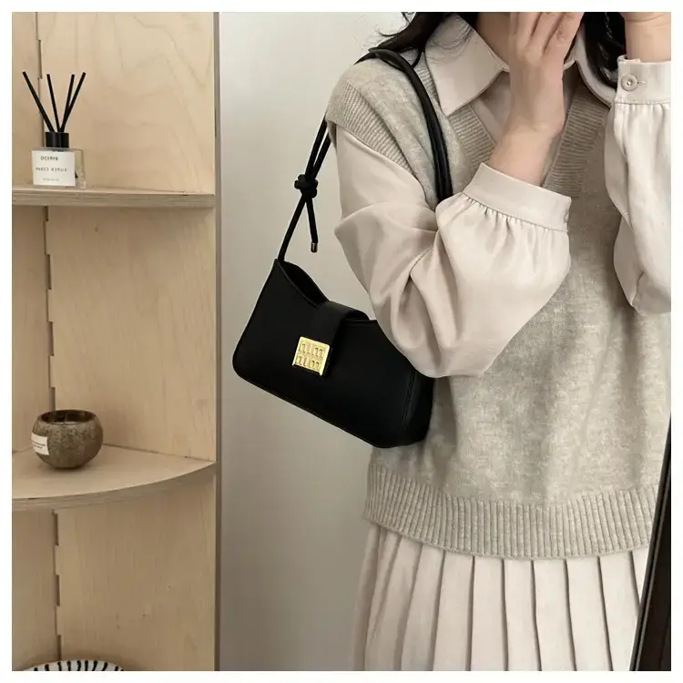 Black French Leather Shoulder Bag with Gold Plated Logo — feature 16