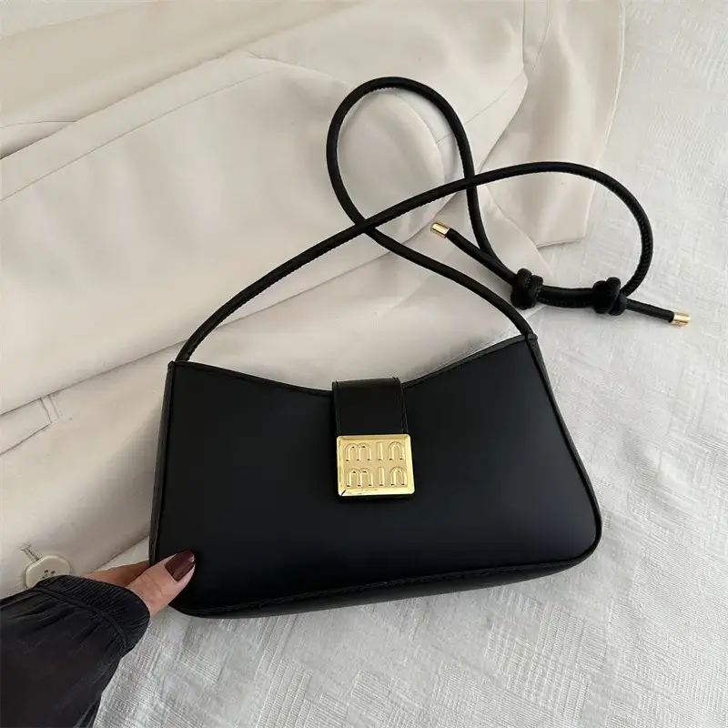 Black French Leather Shoulder Bag with Gold Plated Logo - Image 2
