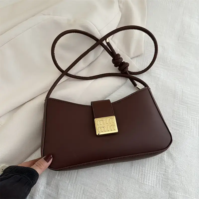 Black French Leather Shoulder Bag with Gold Plated Logo - Image 5