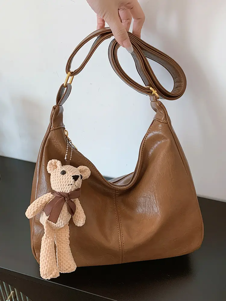 Brown Crossbody Shoulder Bag with Teddy Bear Decor - Image 9