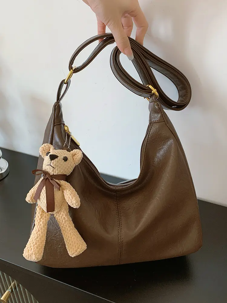 Brown Crossbody Shoulder Bag with Teddy Bear Decor - Image 10