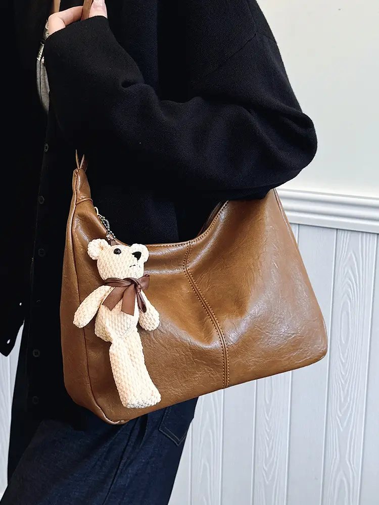 Brown Crossbody Shoulder Bag with Teddy Bear Decor - Image 12