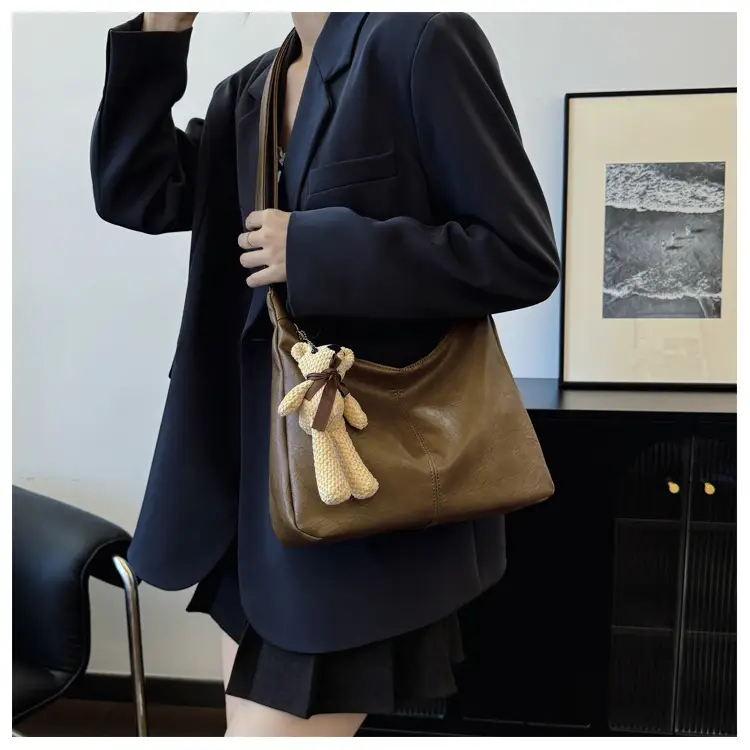 Brown Crossbody Shoulder Bag with Teddy Bear Decor — feature 32
