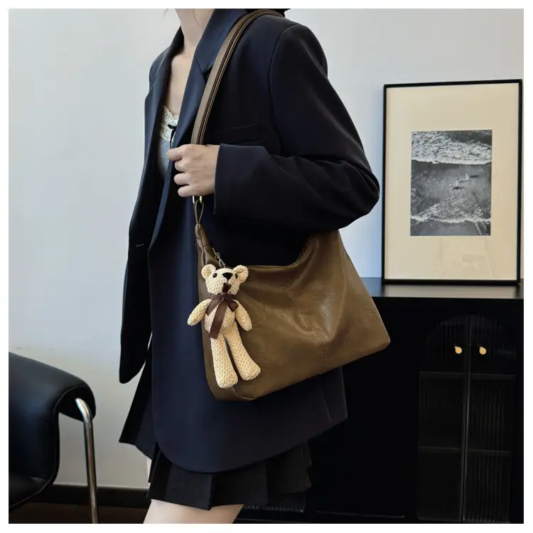 Brown Crossbody Shoulder Bag with Teddy Bear Decor — feature 33