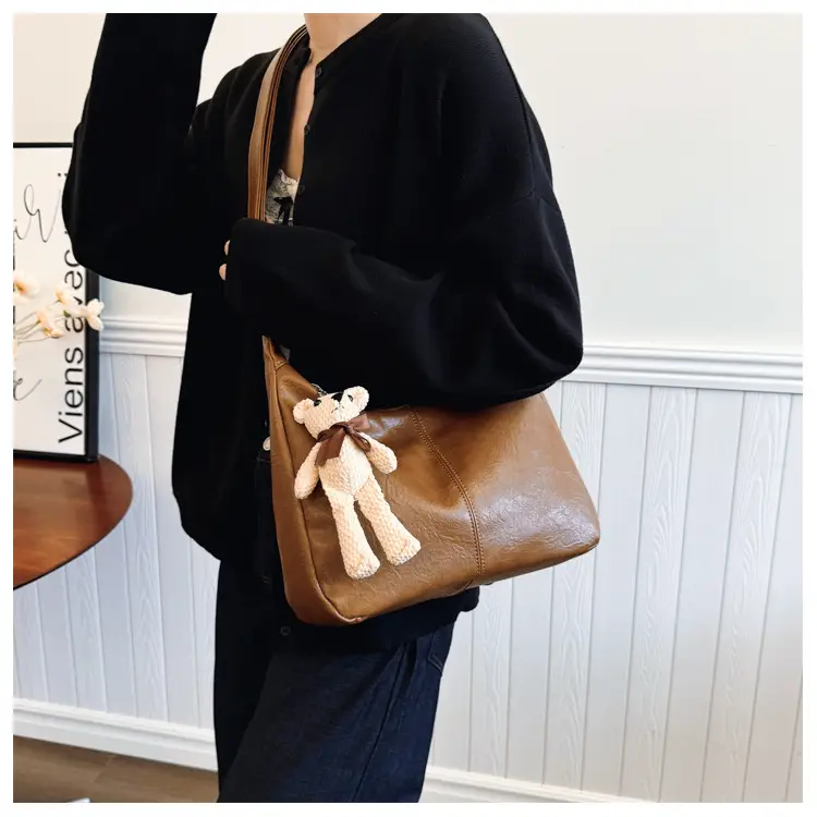 Brown Crossbody Shoulder Bag with Teddy Bear Decor — feature 35