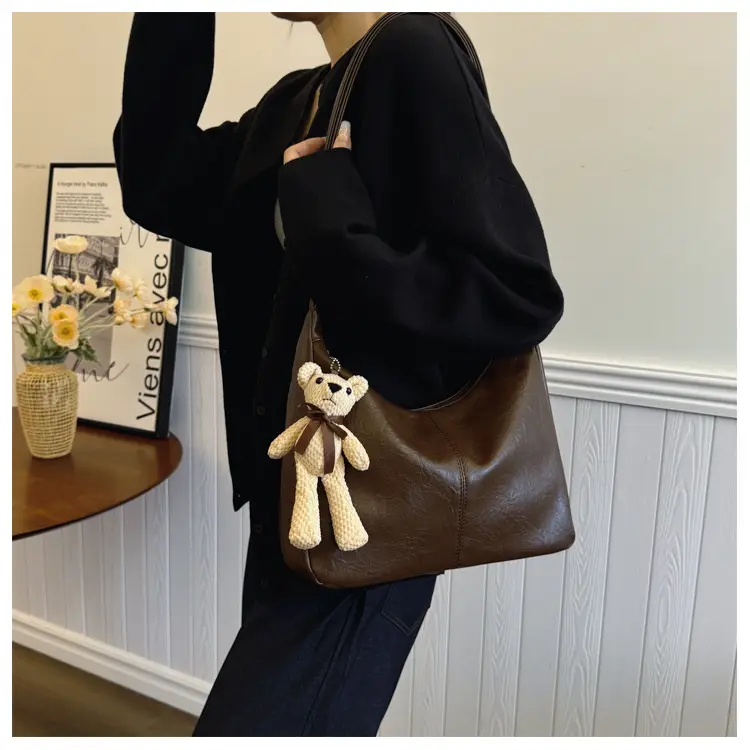 Brown Crossbody Shoulder Bag with Teddy Bear Decor — feature 36