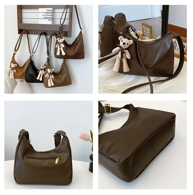 Brown Crossbody Shoulder Bag with Teddy Bear Decor — feature 9