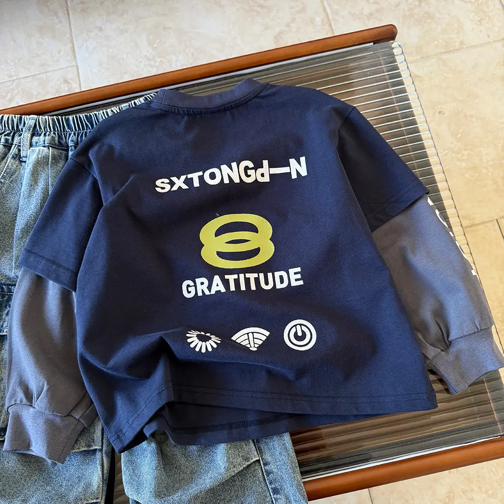 Boys T-shirt Blue Red Logo Kids Western Style 2025