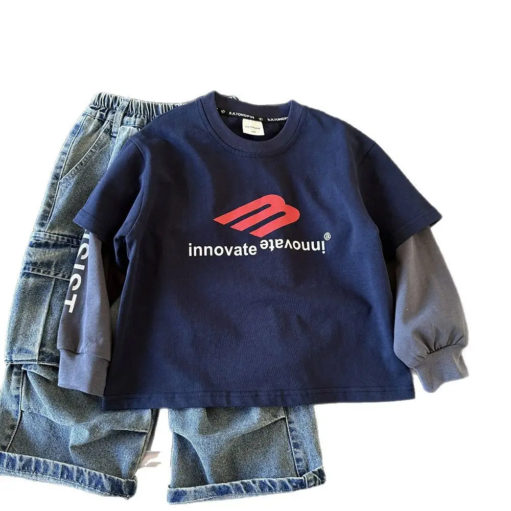 Boys T-shirt Blue Red Logo Kids Western Style 2025
