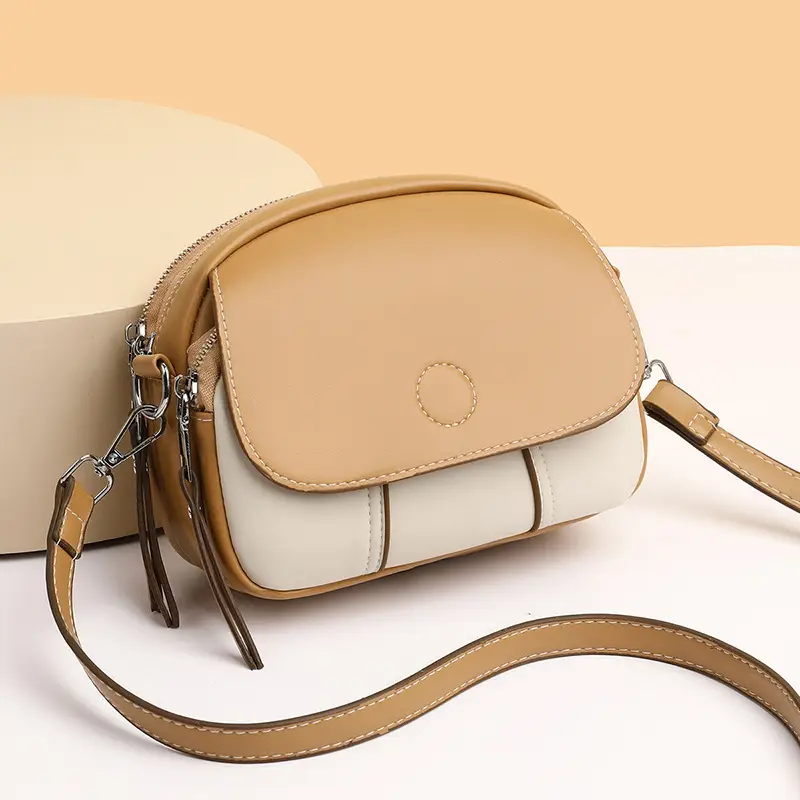 Women's Mini Crossbody Bag Brown Cream Leather - Image 4