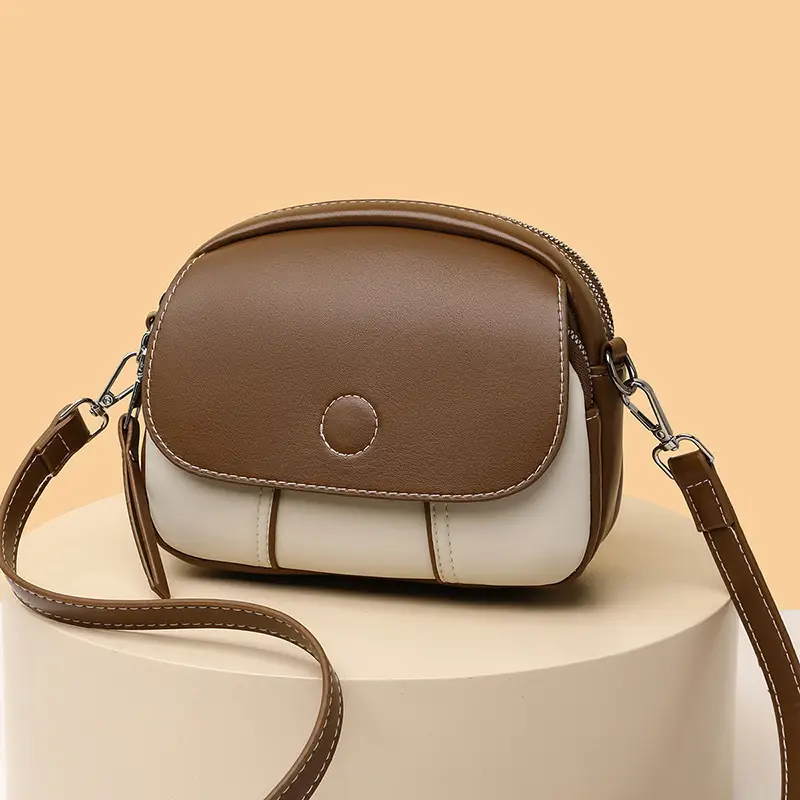 Women's Mini Crossbody Bag Brown Cream Leather - Image 5