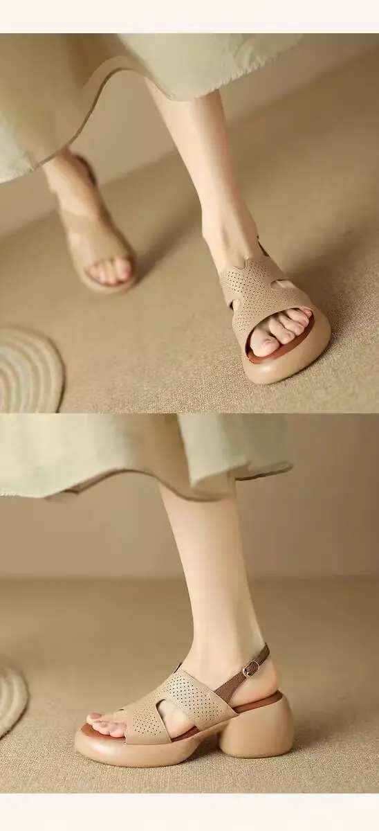 Thick-soled chunky heel open toe strap sandals women's summer latest comfortable high heel hollow Roman shoes all-match women's shoes — feature 9