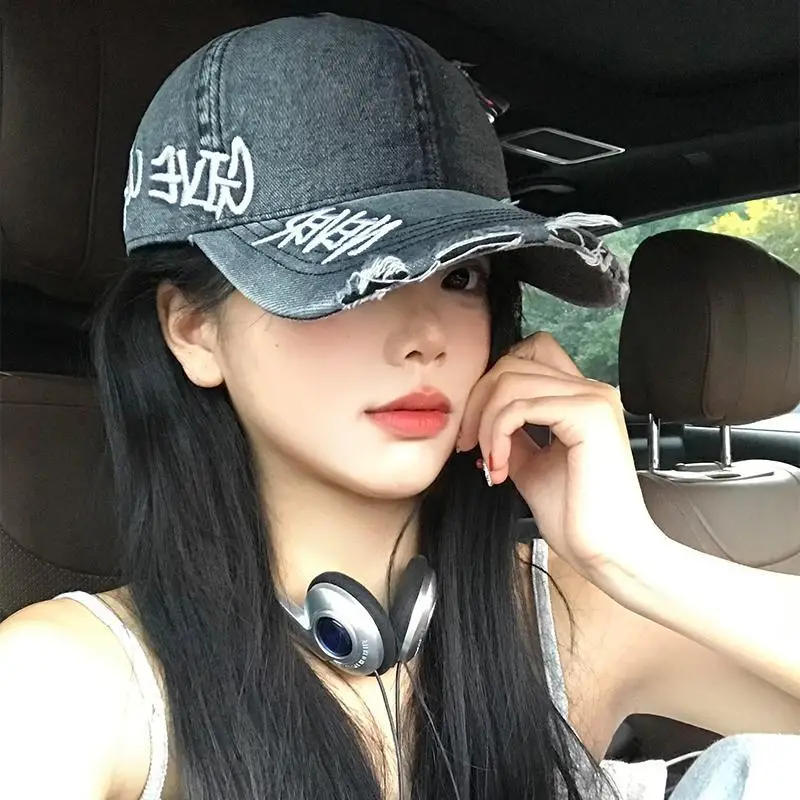 Women Letter Embroidered Wash Denim Cap - Image 3