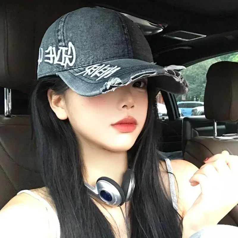 Women Letter Embroidered Wash Denim Cap - Image 4