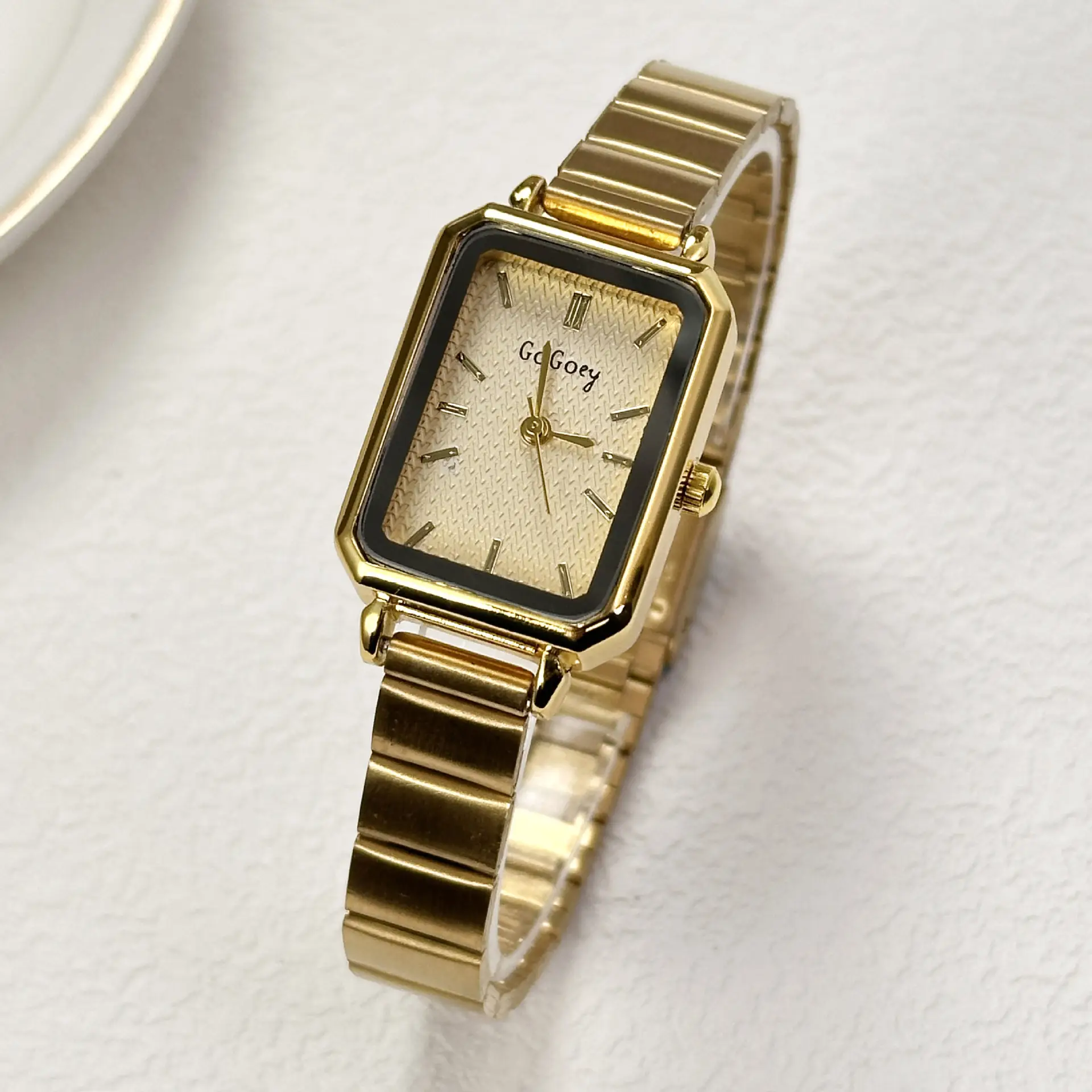 Women's Gold Square Quartz Watch with Bamboo Band