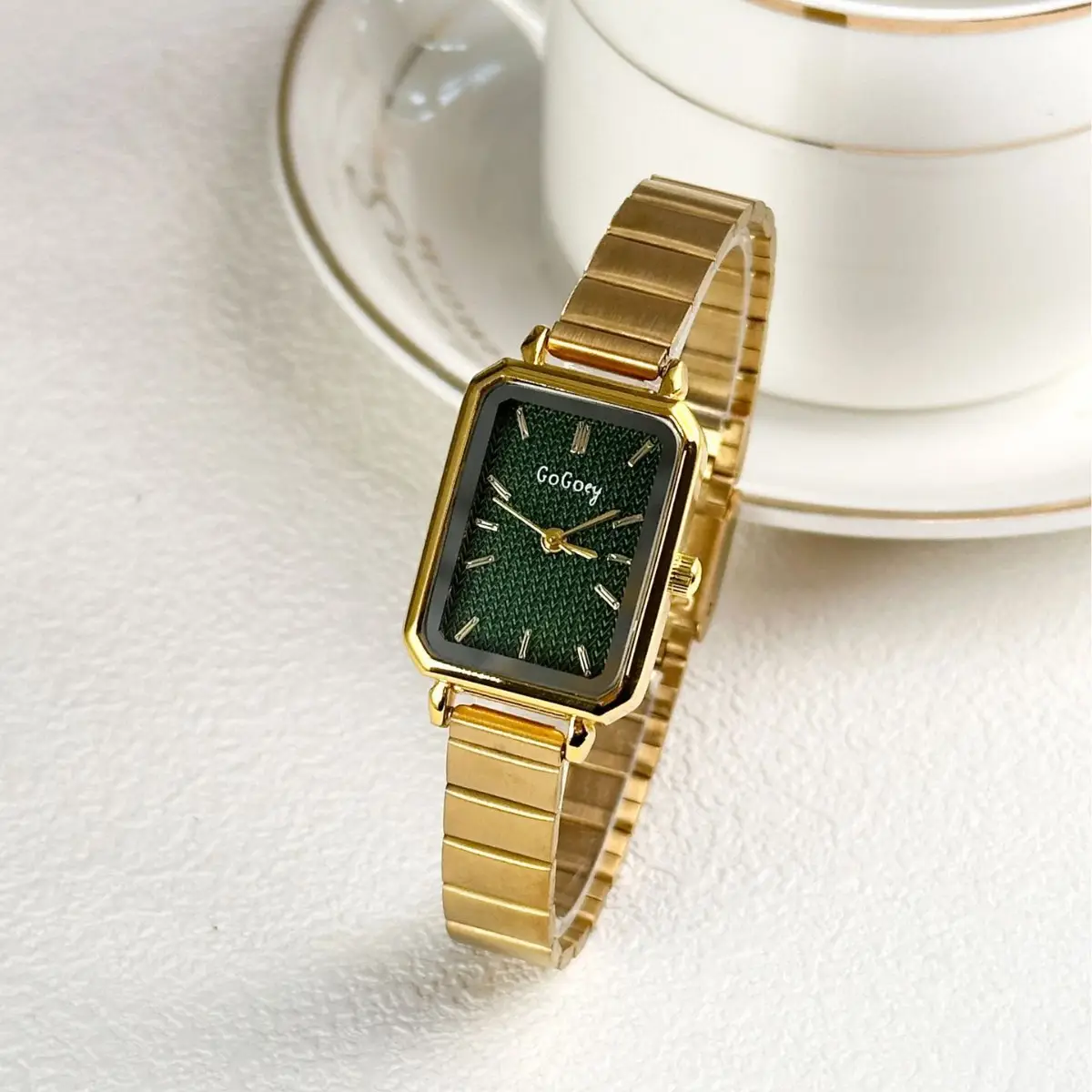 Women's Gold Square Quartz Watch with Bamboo Band