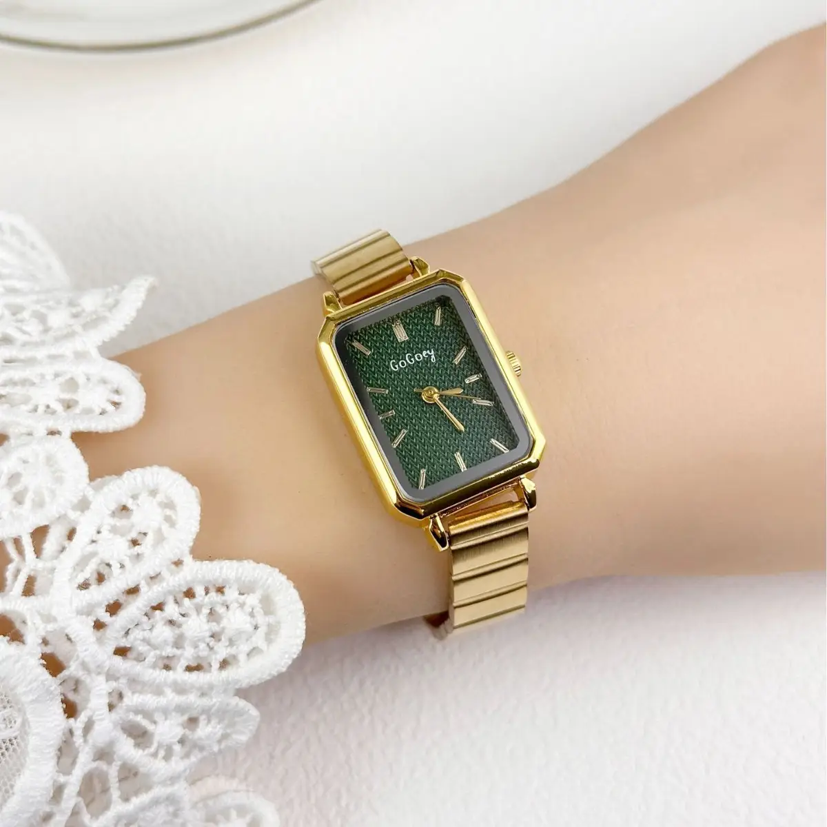 Women's Gold Square Quartz Watch with Bamboo Band