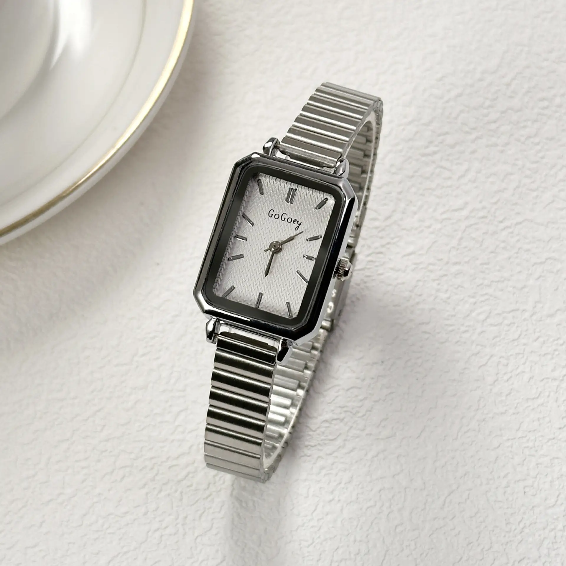 Women's Gold Square Quartz Watch with Bamboo Band