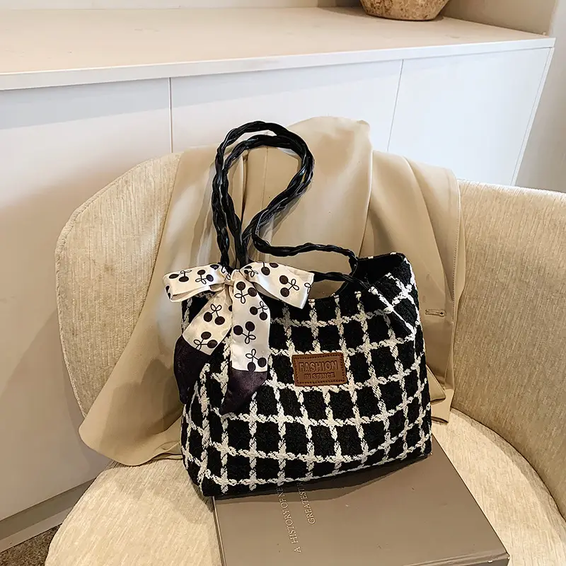 Black Plaid Shoulder Tote with Bow Decor