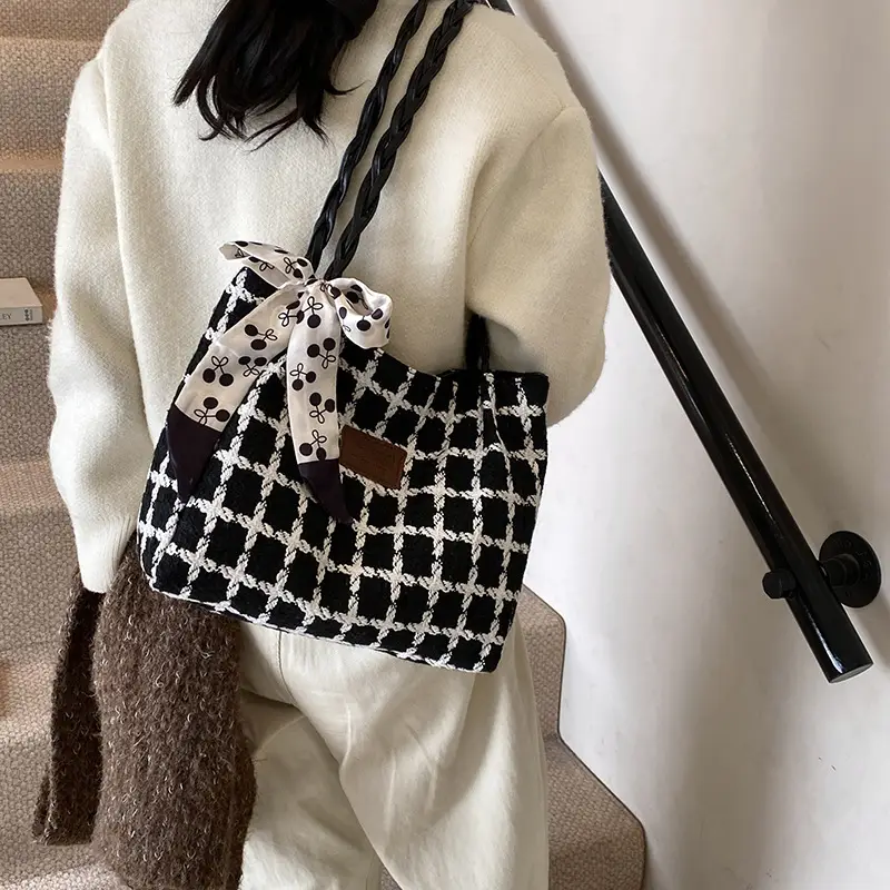 Black Plaid Shoulder Tote with Bow Decor