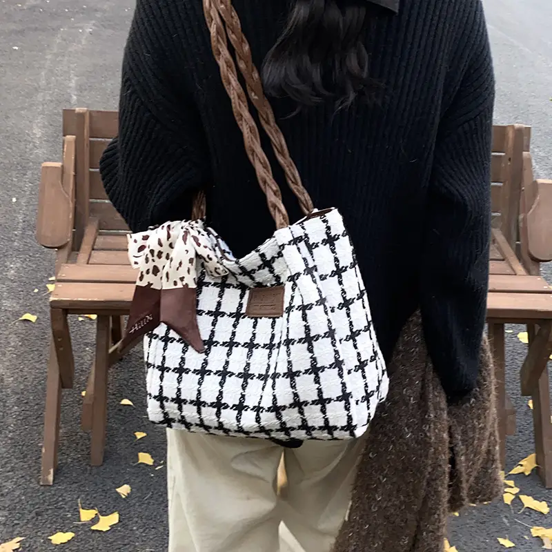 Black Plaid Shoulder Tote with Bow Decor