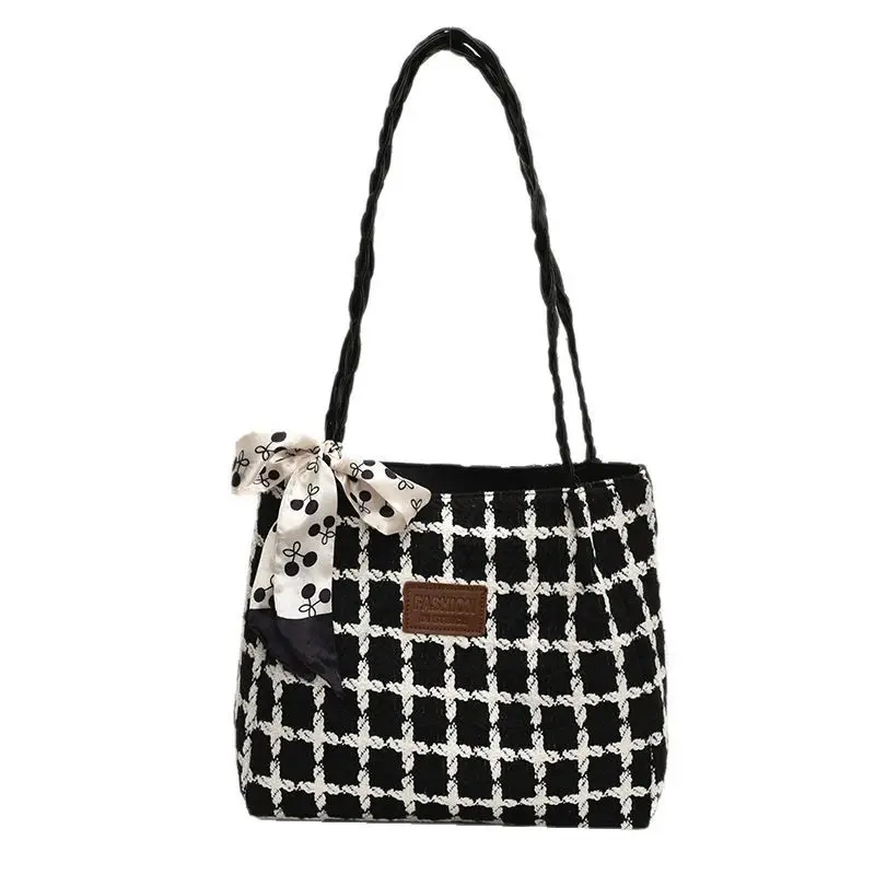 Black Plaid Shoulder Tote with Bow Decor