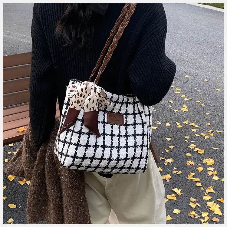 Black Plaid Shoulder Tote with Bow Decor — feature 11
